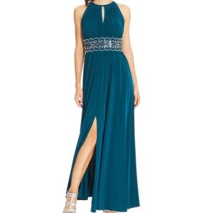 R&M Richards Emerald Sleeveless Beaded Gown